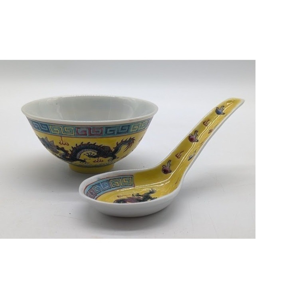 Vtg Republic Jingdezhen Mun Shou Famile Chinese Porcelain Dragon Rice Bowl Spoon